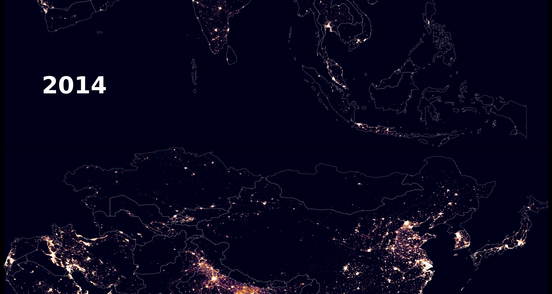 [OC] Night-time Light in Asia, 2014 vs 2024 Comparison (Updated)