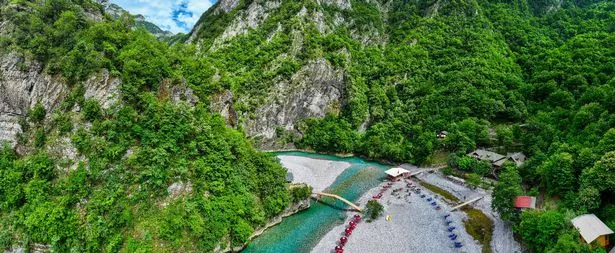 Aerial image of Shala river and its clear blue waters in Northern Albania.