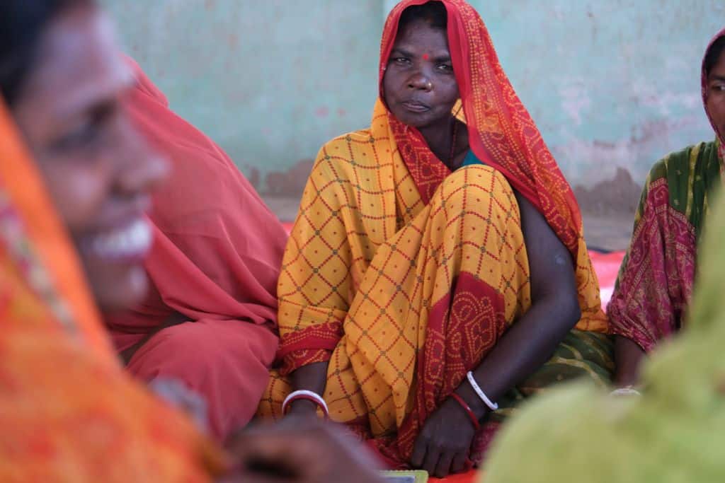 In a small literacy class organized by Heifer International in Muzaffarpur, Bihar, participants learn the basics of reading and arithmetic to improve their access to agricultural markets.
