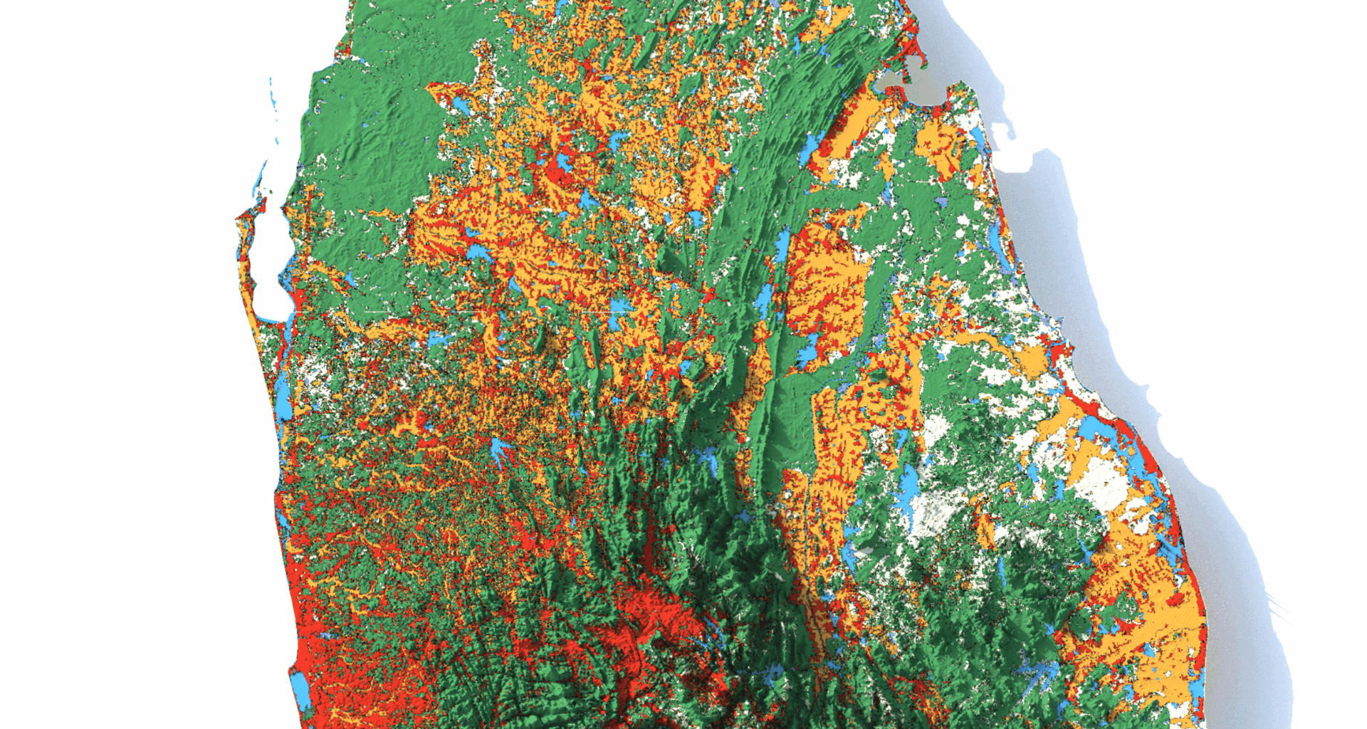 [OC] Sri Lanka’s Land Cover in 3D — Water, Trees, Crops, Built Areas, and Rangeland