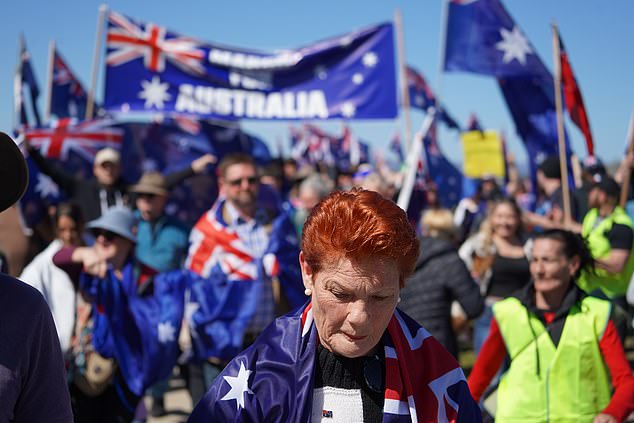One Nation leader Pauline Hanson at an anti-mass immigration rally in Canberra, Sunday, August 31, 2025. (AAP Image/Dominic Giannini) NO ARCHIVING
