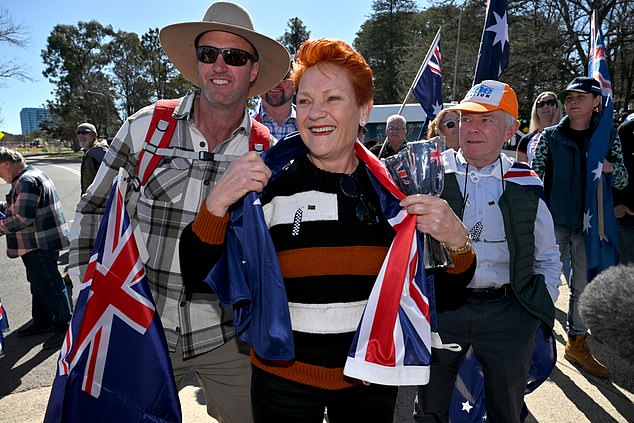 One Nation leader Pauline Hanson during the March for Australia anti-immigration rally in Canberra, Sunday, August 31, 2025. (AAP Image/Mick Tsikas) NO ARCHIVING