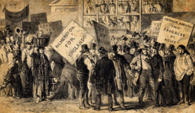A London etching of a demonstration from the late 19th century.