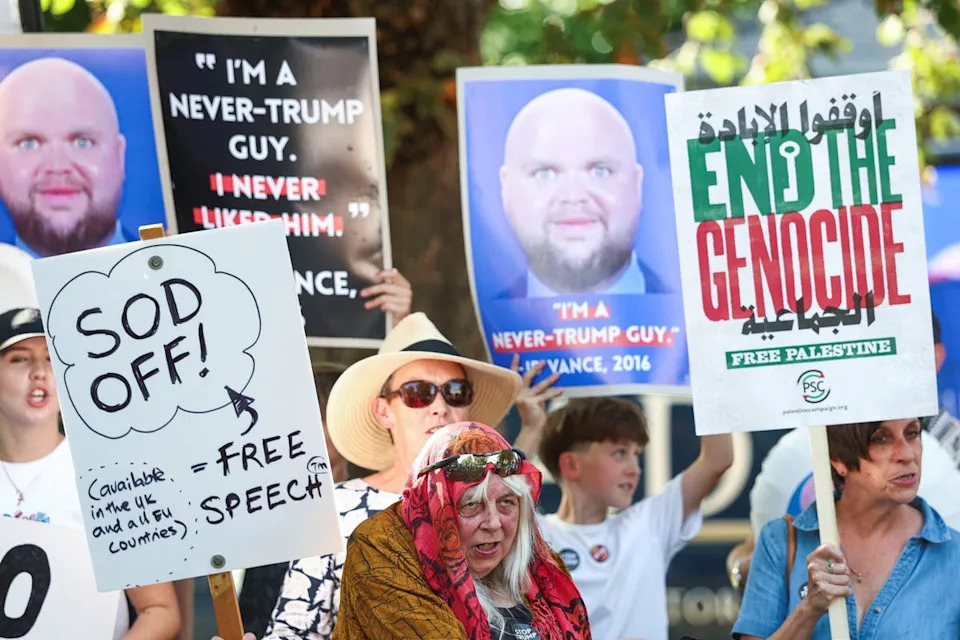 Dozens of people gathered in the usually quiet Oxfordshire countryside this week to tell the US vice president that he was ‘not welcome’ in the area (Reuters)