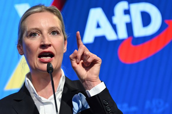 AfD co-leader Alice Weidel speaks during an election event at the party’s Berlin headquarters.