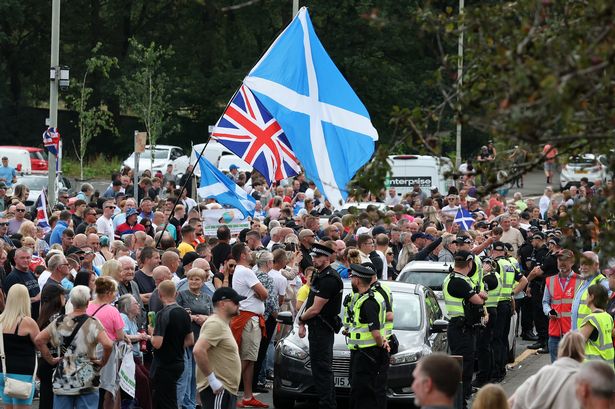 Demonstrations at the Cladhan Hotel on August 16, 2025 in Falkirk, Scotland.