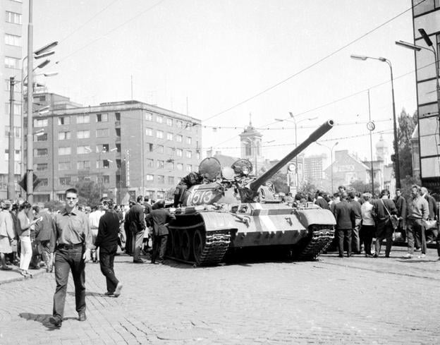 A historical picture of streets in Bratislava occupied by Warsaw troops in August 1968.