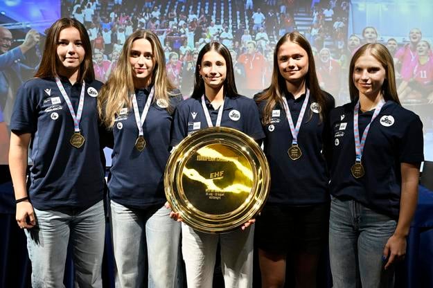 From right: Scarlet Špendlová, Anežka Stránska, Barbora Karkušová, Zara Gogolová and Liliana Gogová, members of Slovakia's gold-winning U17 women’s handball team.