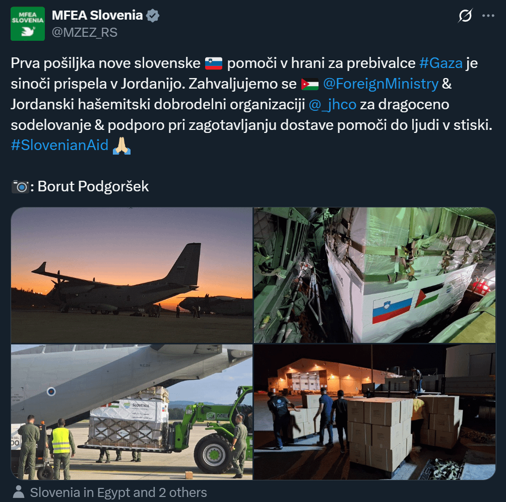 Prva pošiljka nove slovenske pomoči v hrani za prebivalce Gaze je sinoči prispela v Jordanijo