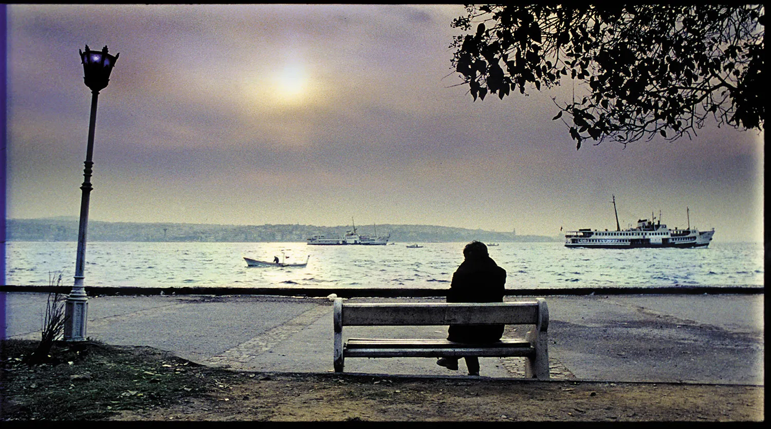 A person sits on a bench with the water and a ship in front of them.