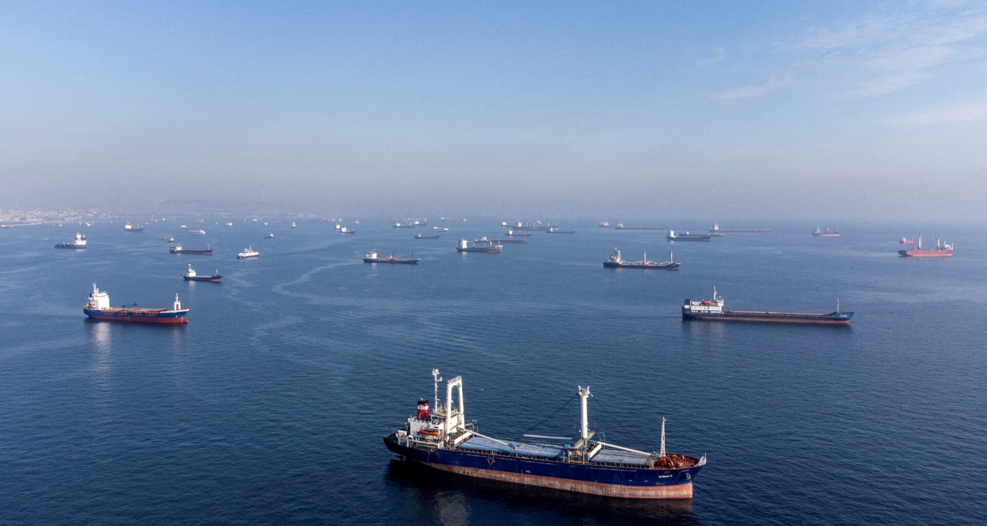 Commercial vessels including vessels which are part of Black Sea grain deal wait to pass the Bosphorus strait off the shores of Yenikapi in Istanbul. REUTERS/Umit Bektas