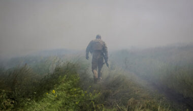 A Ukrainian service member is seen near the front line near the newly liberated village Neskuchne