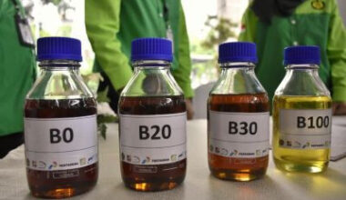 Energy and Mineral Resources Ministry staff pose with biodiesel samples on June 13, 2019, during an event in Jakarta to launch 30 percent biodiesel blend (B30) for vehicles.