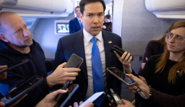 U.S. Secretary of State Marco Rubio speaks with the media on his military airplane as he flies to Jeddah