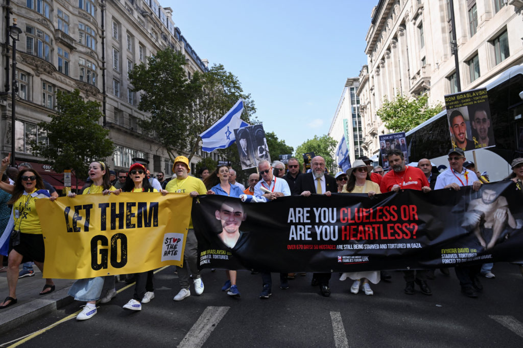 March urging the UK government to secure the release of hostages held in Gaza, in London