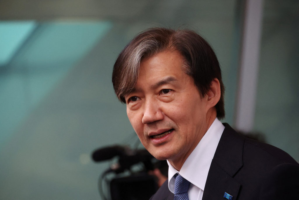 FILE PHOTO: Cho Kuk, leader of Rebuilding Korea Party answers to reporters' question during a campaign rally for for upcom...