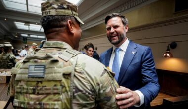 JD Vance greets National Guard members at Union Station