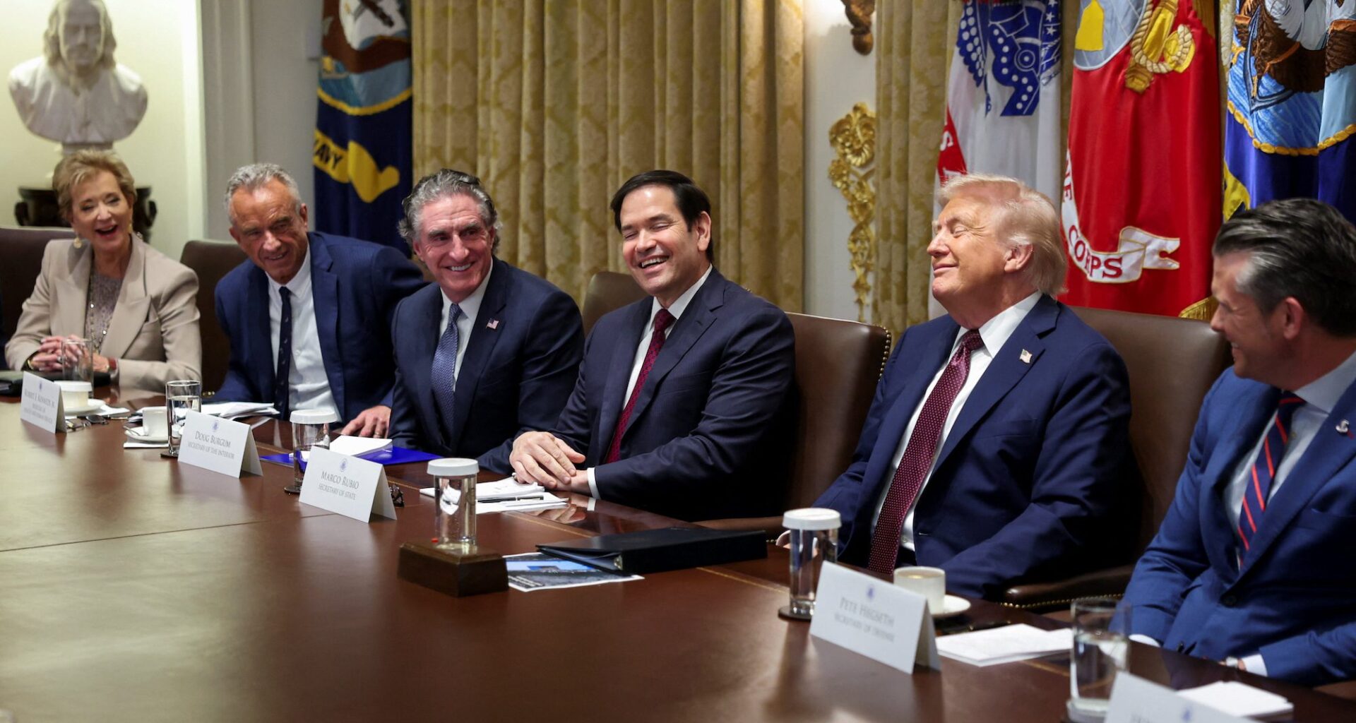 U.S. President Donald Trump, Secretary of State Marco Rubio, Defense Secretary Pete Hegseth, Interior Secretary Doug Burgum, U.S. Health and Human Services (HHS) Secretary Robert F. Kennedy, Jr. and Education Secretary Linda McMahon attend a cabinet meeting at the White House