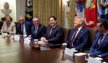 U.S. President Donald Trump, Secretary of State Marco Rubio, Defense Secretary Pete Hegseth, Interior Secretary Doug Burgum, U.S. Health and Human Services (HHS) Secretary Robert F. Kennedy, Jr. and Education Secretary Linda McMahon attend a cabinet meeting at the White House