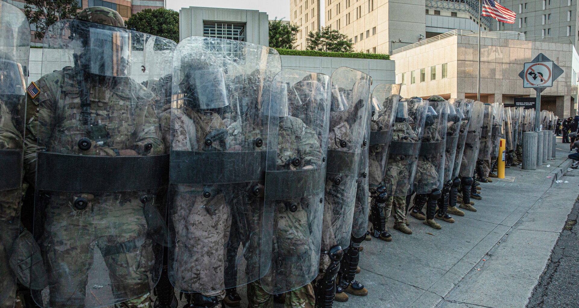 U.S. Marines at a standoff with civilians in Downtown Los Angeles.