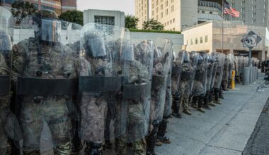 U.S. Marines at a standoff with civilians in Downtown Los Angeles.
