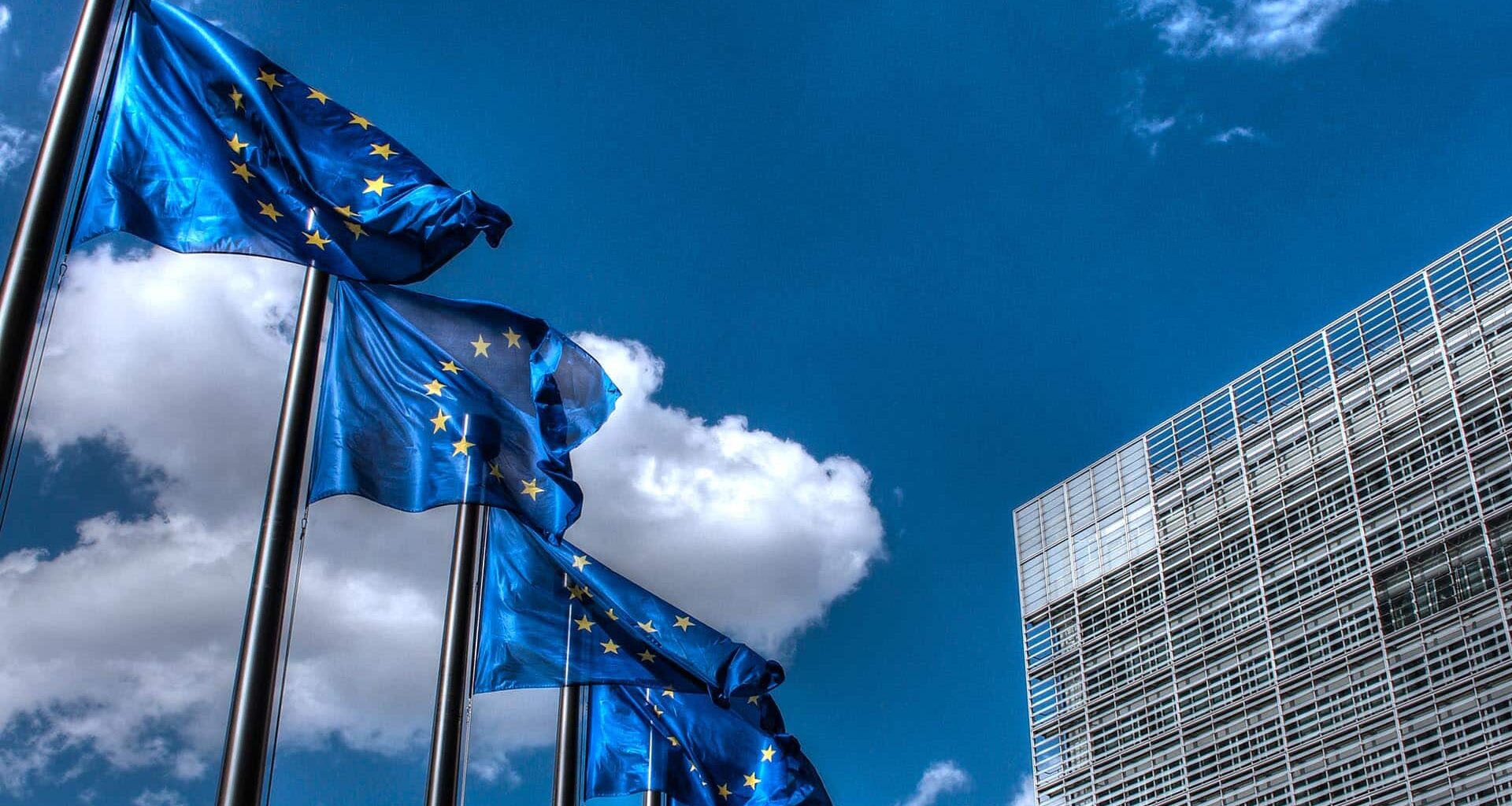 European Union flags at the Berlaymont building in Brussels.