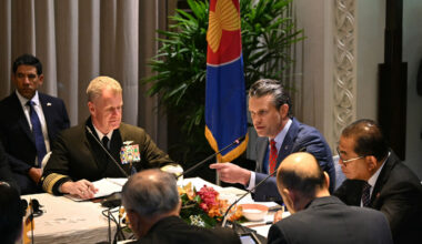 US Secretary of Defense Pete Hegseth giving a speech at Association of Southeast Asian Nations (ASEAN) during a multilateral meeting ahead of the Shangri-La Dialogue Summit in Singapore on May 30, 2025.