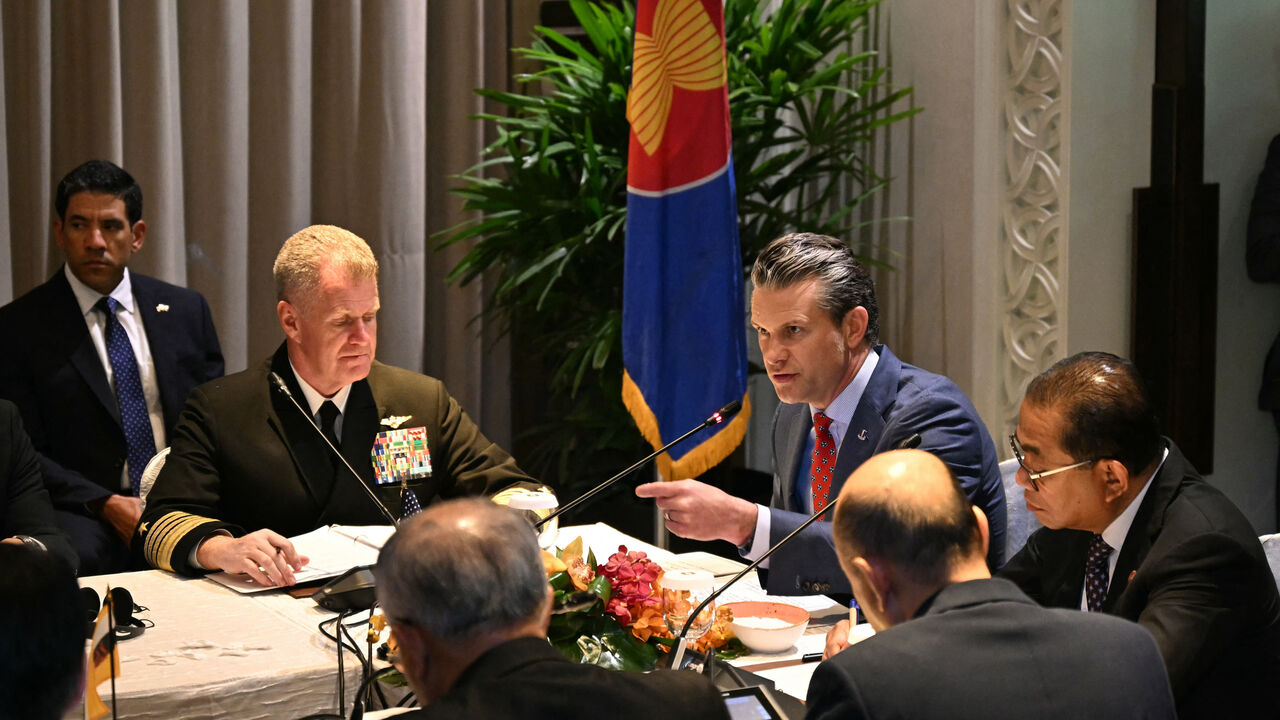 US Secretary of Defense Pete Hegseth giving a speech at Association of Southeast Asian Nations (ASEAN) during a multilateral meeting ahead of the Shangri-La Dialogue Summit in Singapore on May 30, 2025.