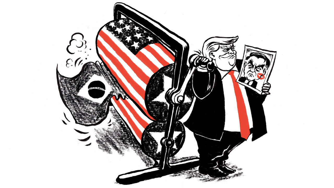 An illustration of Donald Trump turning the handle on some rollers with the US flag on which is pressing the Brazil flag. He is holding a photo of Jair Bolsonaro with a lipstick stain kiss on it.