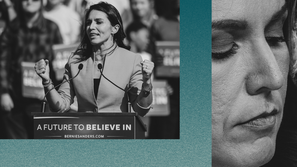 A photo pairing that shows Tulsi Gabbard speaking in 2016 behind a lectern that reads "A Future to Believe In: BernieSanders.com." On the right is a tightly cropped photo of Gabbard's face, where it appears she's facing away from her earlier self.