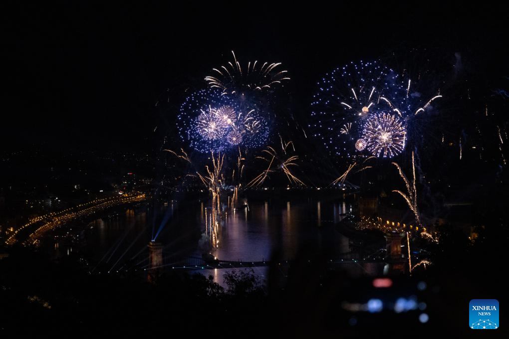 Fireworks in celebration of Hungary's National Day seen over Danube River in Hungary-Xinhua