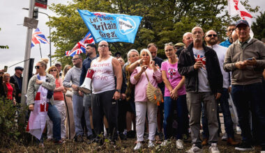 Protesters gather near the Bell Hotel during a protest against the use of the hotel as migrant accommodation