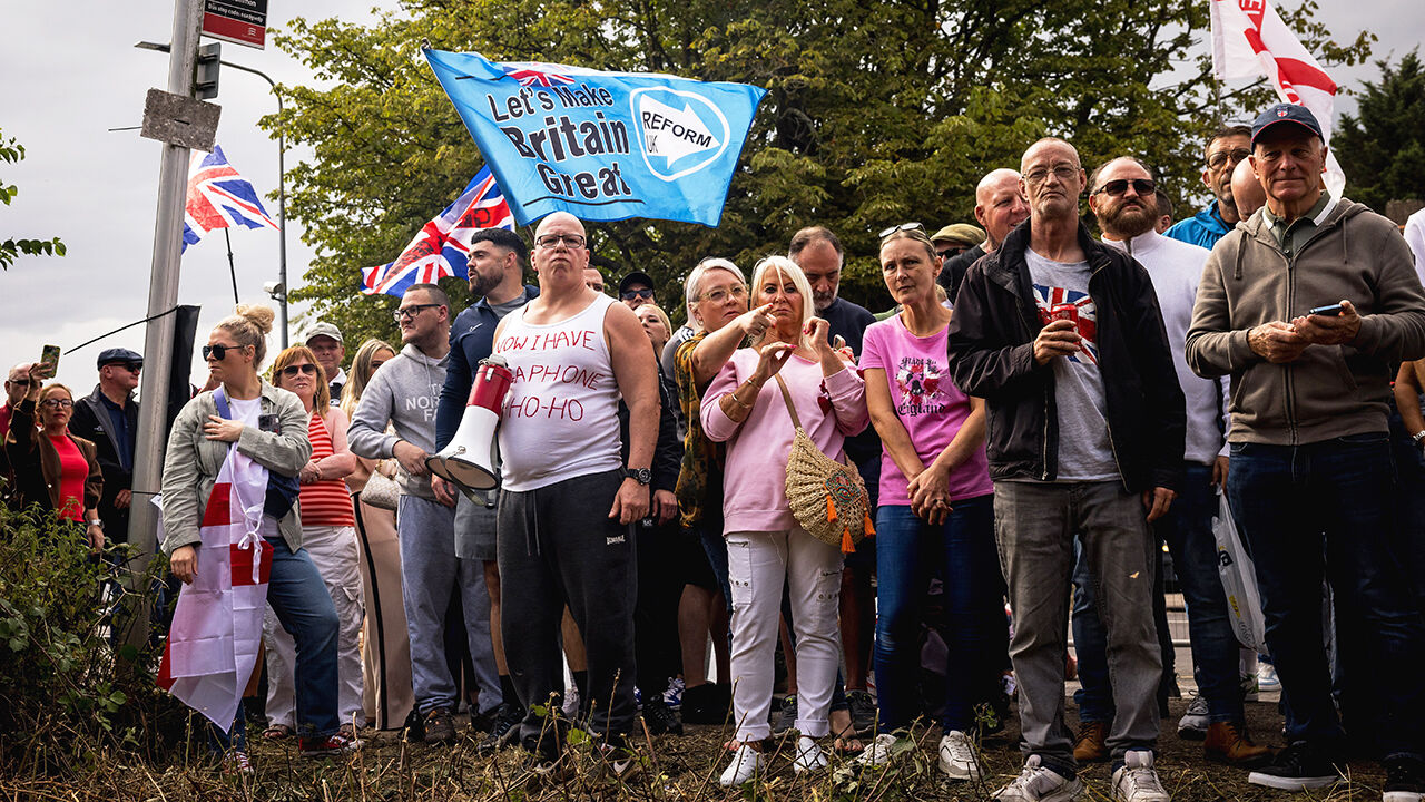 Protesters gather near the Bell Hotel during a protest against the use of the hotel as migrant accommodation