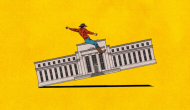 Illustration of a cowboy riding the Federal Reserve building like a bucking bull, one hand gripping a rope and the other raised in the air