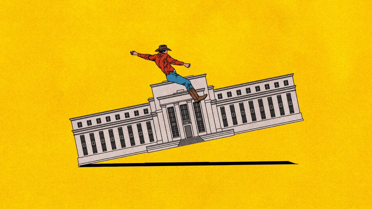 Illustration of a cowboy riding the Federal Reserve building like a bucking bull, one hand gripping a rope and the other raised in the air