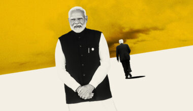 The back of Donald Trump walking away from Narendra Modi
