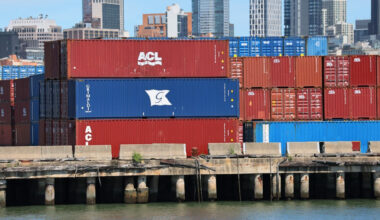 Shipping containers are stacked at the Red Hook Container Terminal on April 30, 2025, in New York City, US.