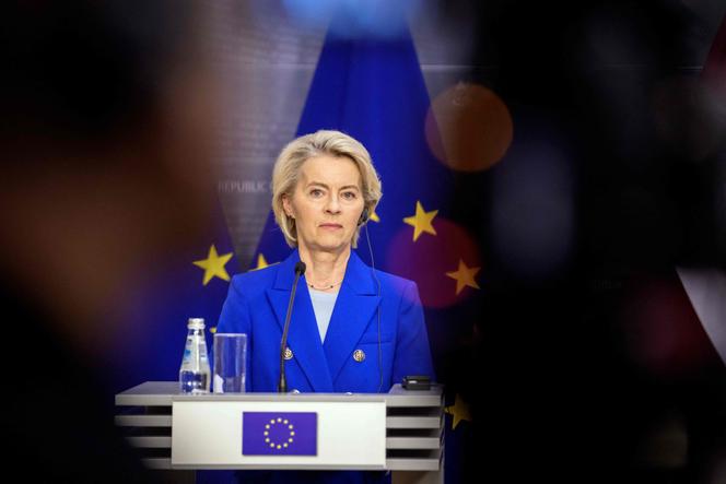European Commission President Ursula von der Leyen looks on during a joint press conference with the Latvian Prime Minister in Riga, Latvia on August 29, 2025.