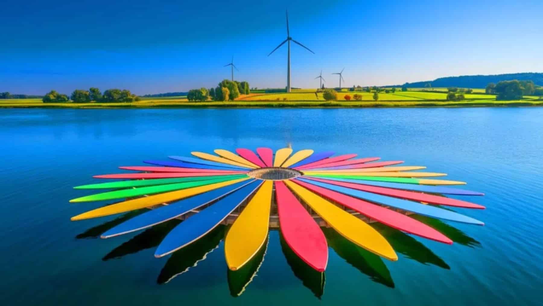 Floating turbines harvesting sun and wind energy