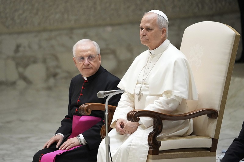 Pope Leo XIV holds his weekly general audience, at The Vatican, Wednesday, Aug.20, 2025. (AP Photo/Gregorio Borgia)