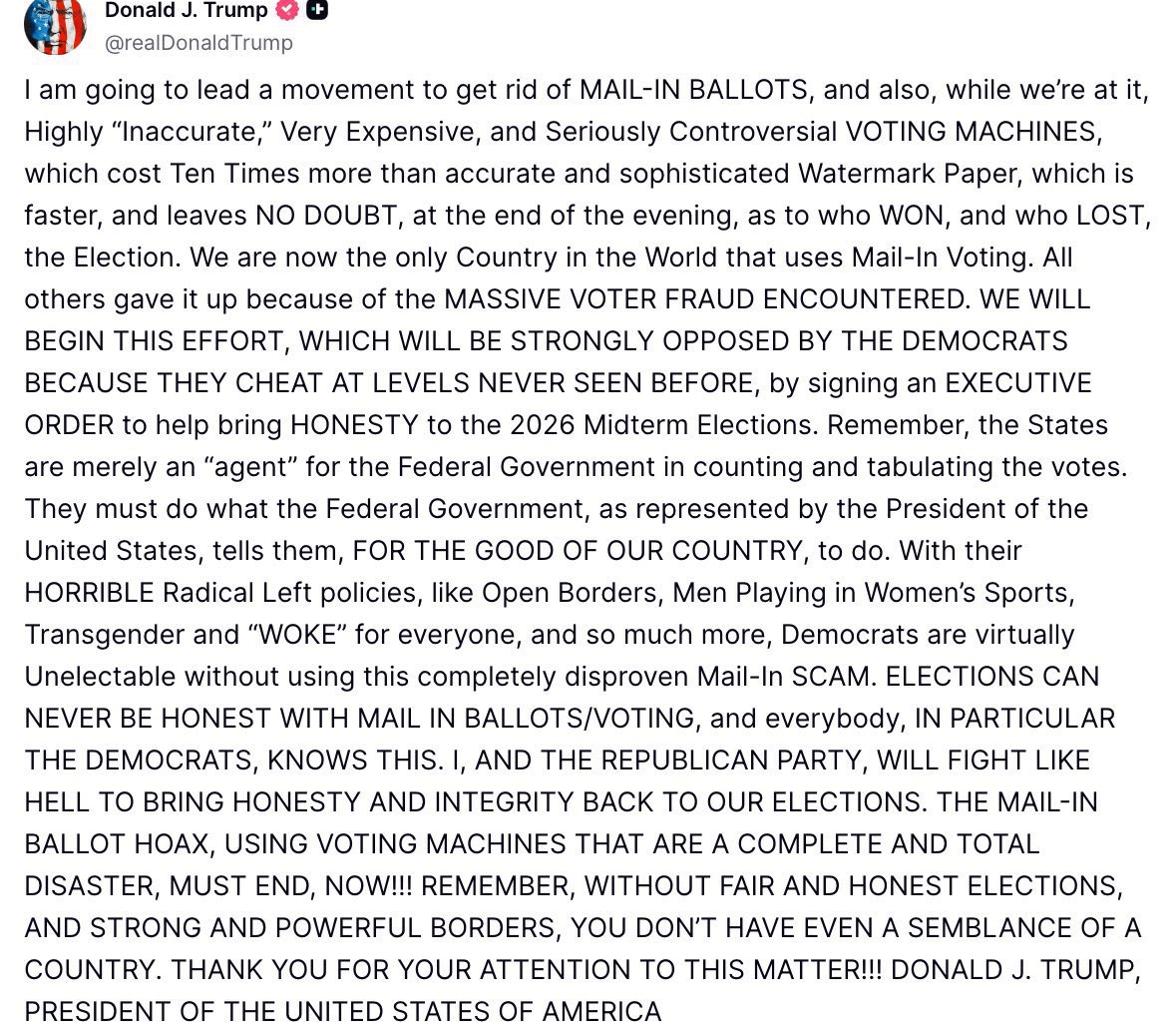 No, Trump Can’t Ban Mail in Ballots or Voting Machines
