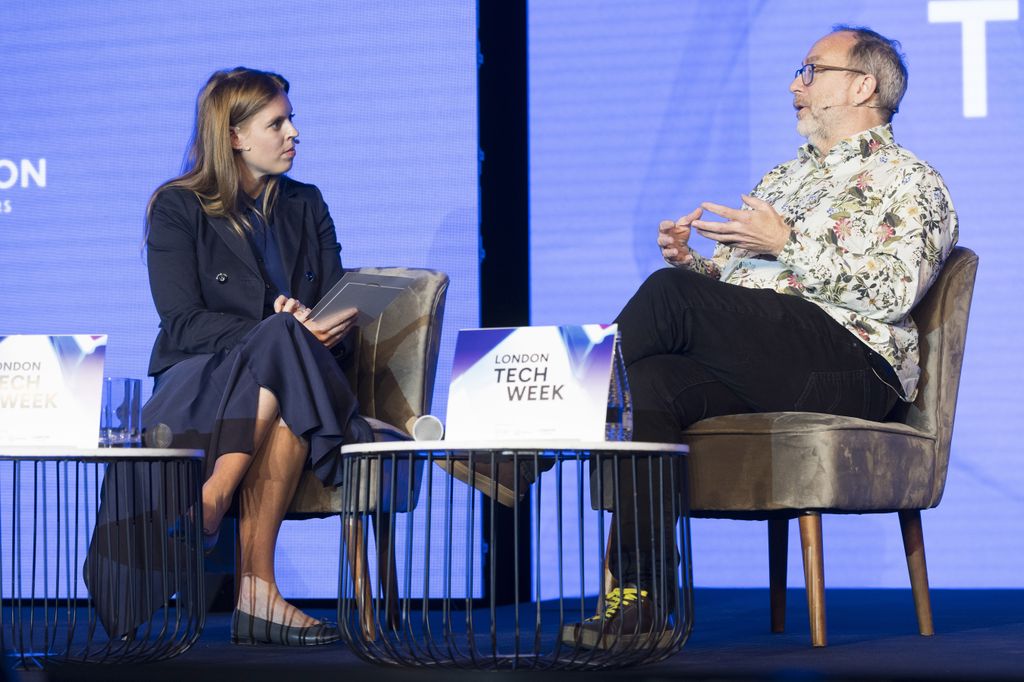Princess Beatrice speaking to founder of wikipedia on stage