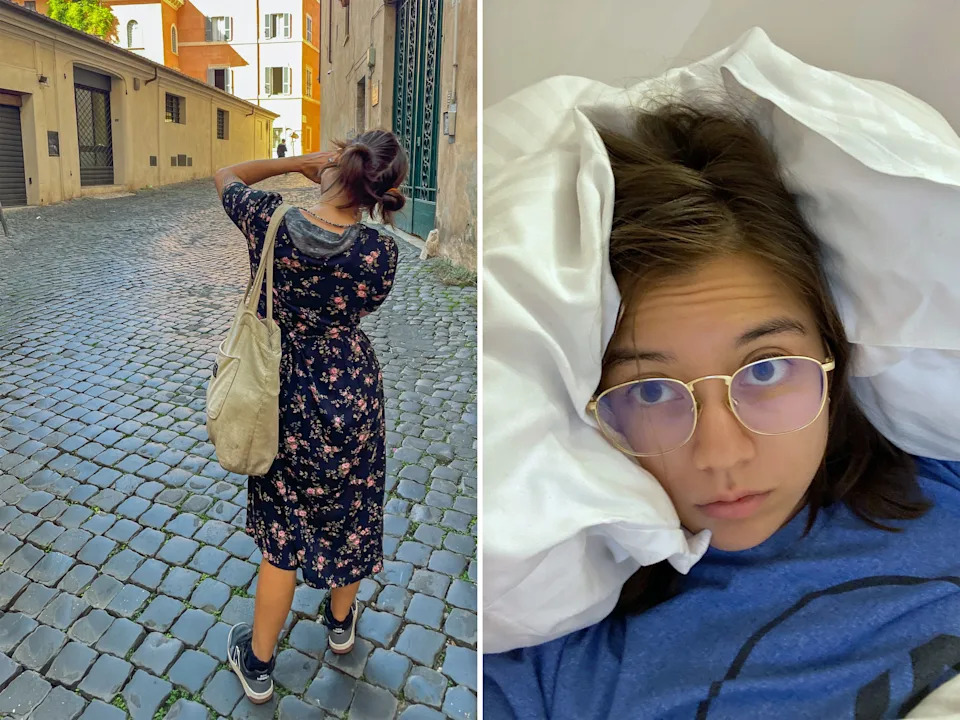 A composite image of the author taking a photo on a cobblestone street in Rome and resting in bed in Germany