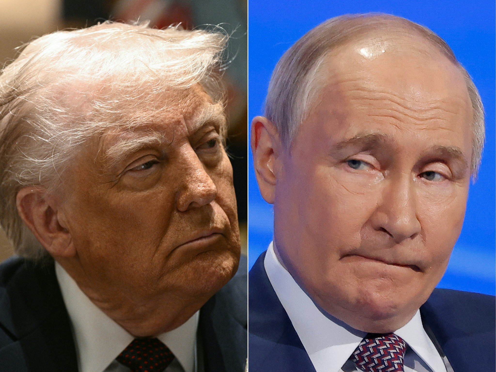 Le président américain Donald Trump à la Maison Blanche le 24 mars 2025 et le président russe Vladimir Poutine à Moscou le 18 mars 2025. Le président américain Donald Trump à la Maison Blanche le 24 mars 2025 et le président russe Vladimir Poutine à Moscou le 18 mars 2025.