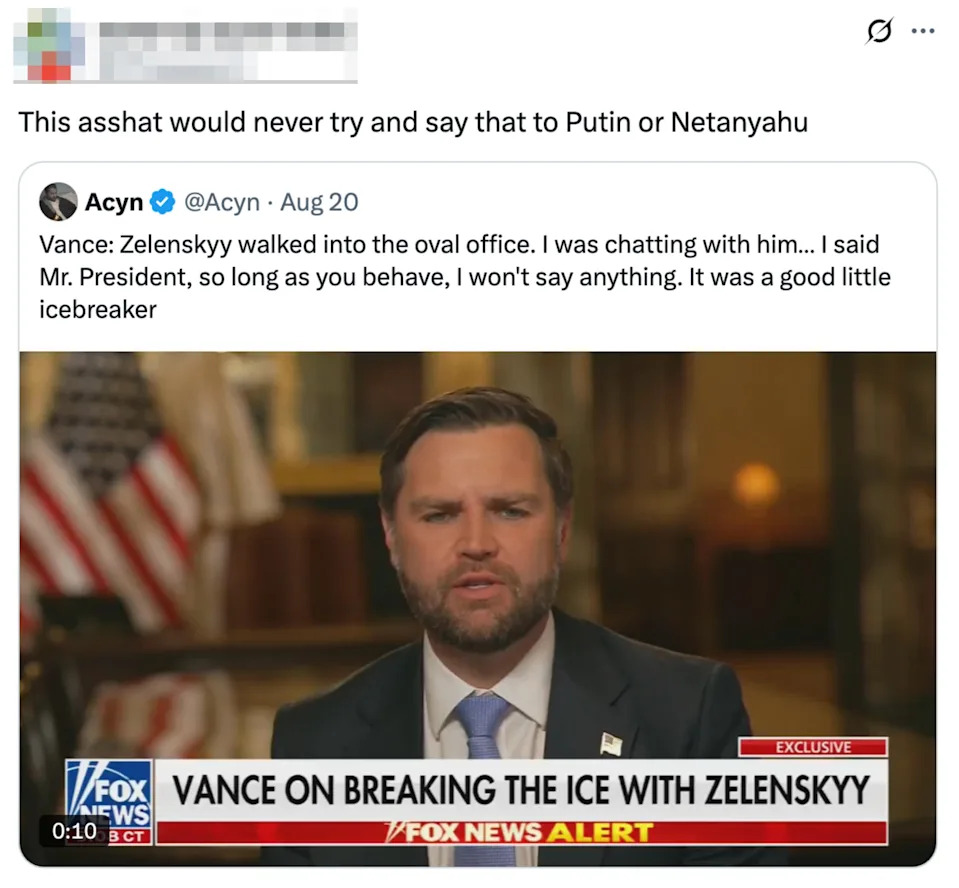 Tweet showing an image of Vance on Fox News discussing his interaction with Zelenskyy, saying he won't share their conversation