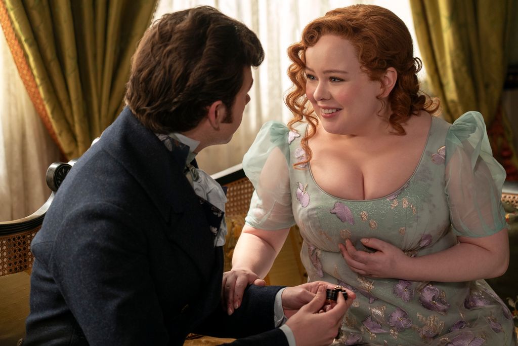 Bridgerton. (L to R) Luke Newton as Colin Bridgerton, Nicola Coughlan as Penelope Featherington in episode 306 of Bridgerton. Cr. Liam Daniel/Netflix Â© 2024