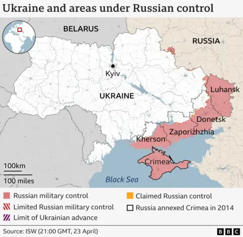 A graphic showing Russia and Ukraine. The map includes areas of the war and shows where Russia has control and has claimed control in Ukraine. 