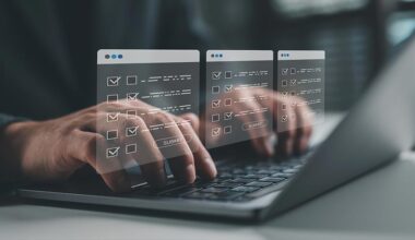 Online survey and assessment concept with person filling digital forms on laptop. Ideal for e-learning, feedback systems, data collection, market research and remote evaluations