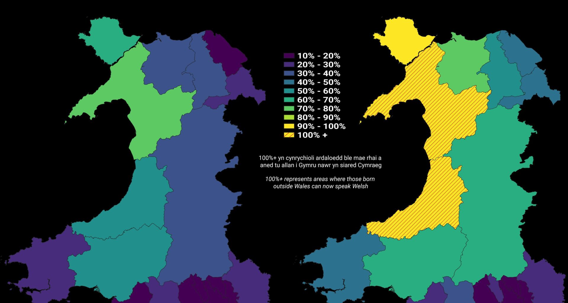 New maps - Welsh speakers as % of population born in Wales