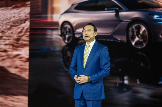 Liu Xueliang, general manager of BYD's APAC auto sales division, introduces the Seal EV at the Seoul Mobility Show held at Kintex, Goyang, Gyeonggi, on April 3. [BYD KOREA]